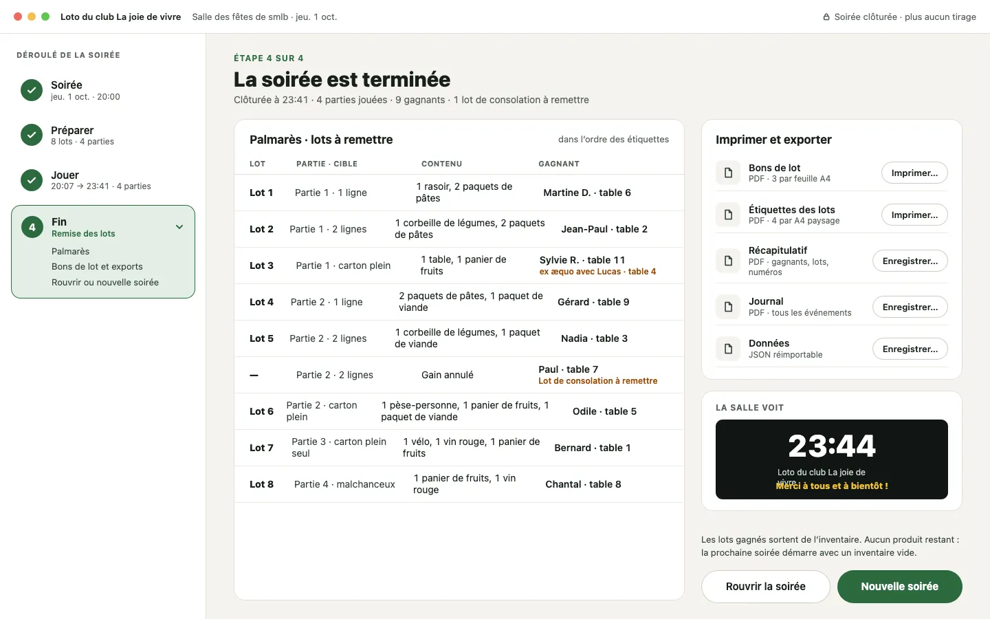 Écran de fin : palmarès des lots à remettre avec les gagnants, et la liste des documents à imprimer ou enregistrer.