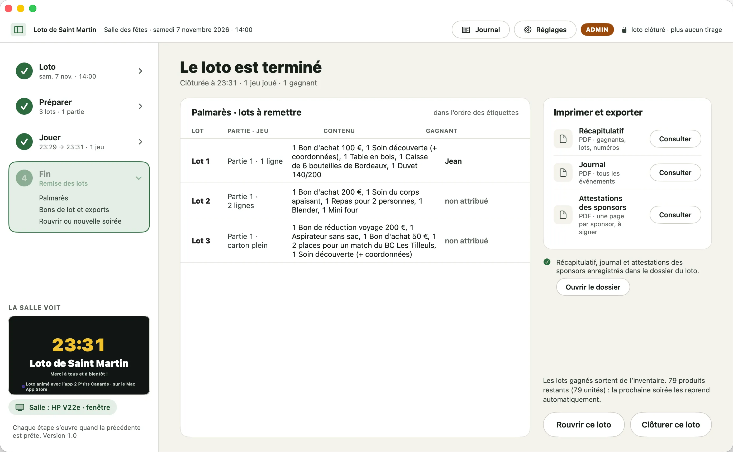 Écran « Le loto est terminé » : palmarès des lots à remettre avec leur gagnant, et les PDF à imprimer : récapitulatif, journal, attestations des sponsors.