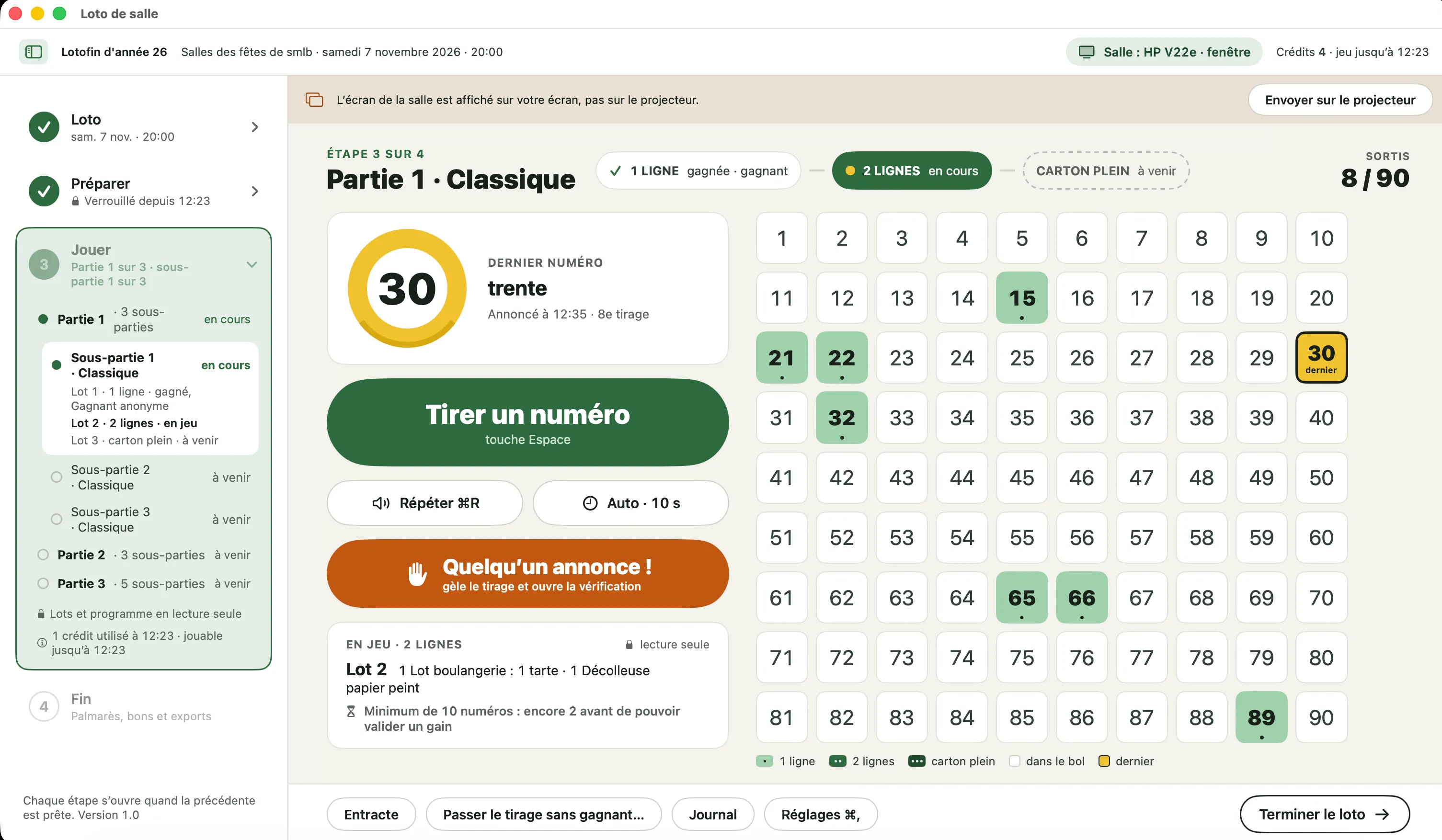 L’écran de l’animateur sur le Mac : dernier numéro 30, bouton « Tirer un numéro » et grille de 1 à 90.