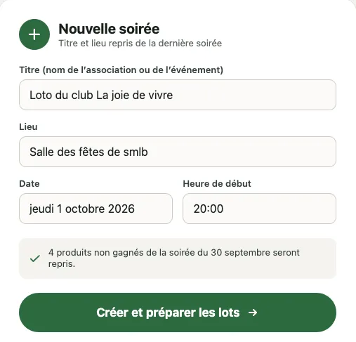 Formulaire de création du loto : titre, lieu, date et heure de début, puis le bouton « Créer et préparer les lots ».