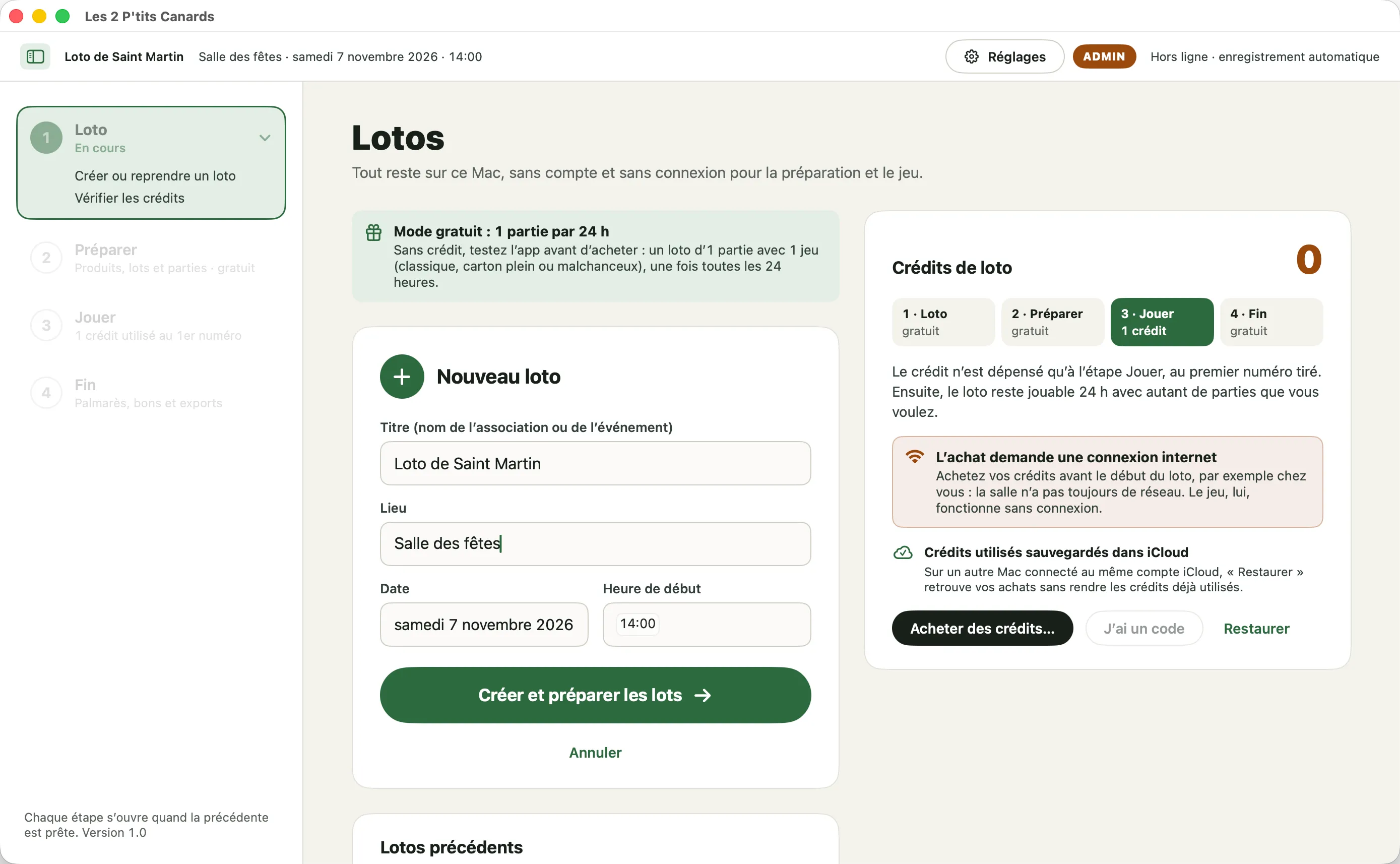 Écran « Lotos » : formulaire « Nouveau loto » avec le titre, le lieu, la date et l’heure de début, et à droite les crédits de loto.