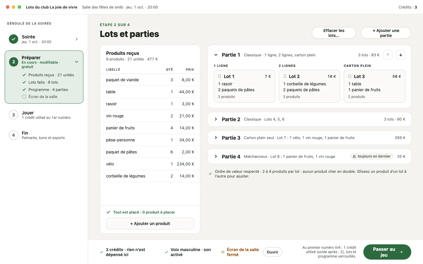 Écran « Lots et parties » : la liste des produits reçus à gauche, les parties et leurs lots à droite.
