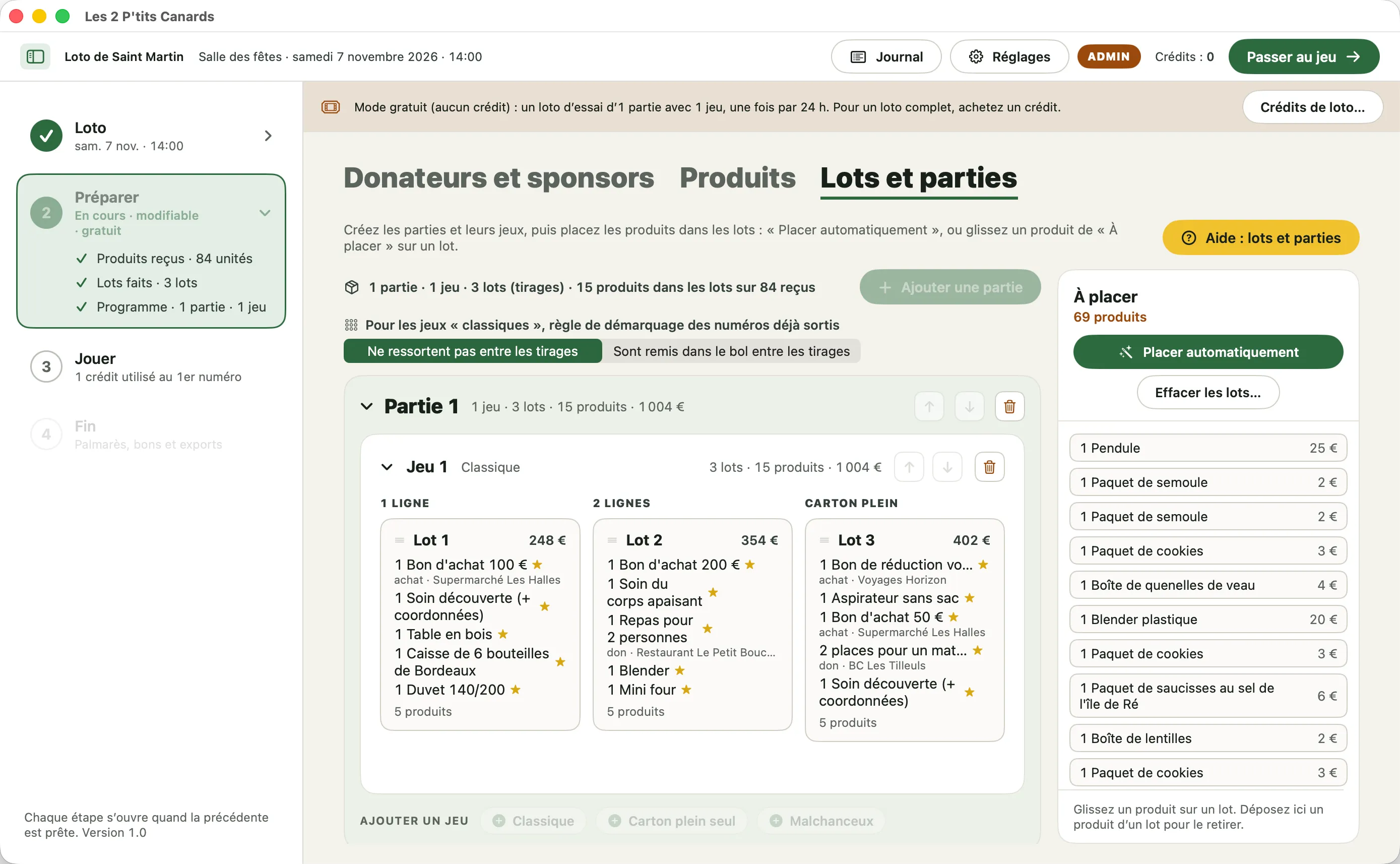 Écran « Lots et parties » : une partie avec trois lots (1 ligne, 2 lignes, carton plein), et à droite les produits à placer avec le bouton « Placer automatiquement ».